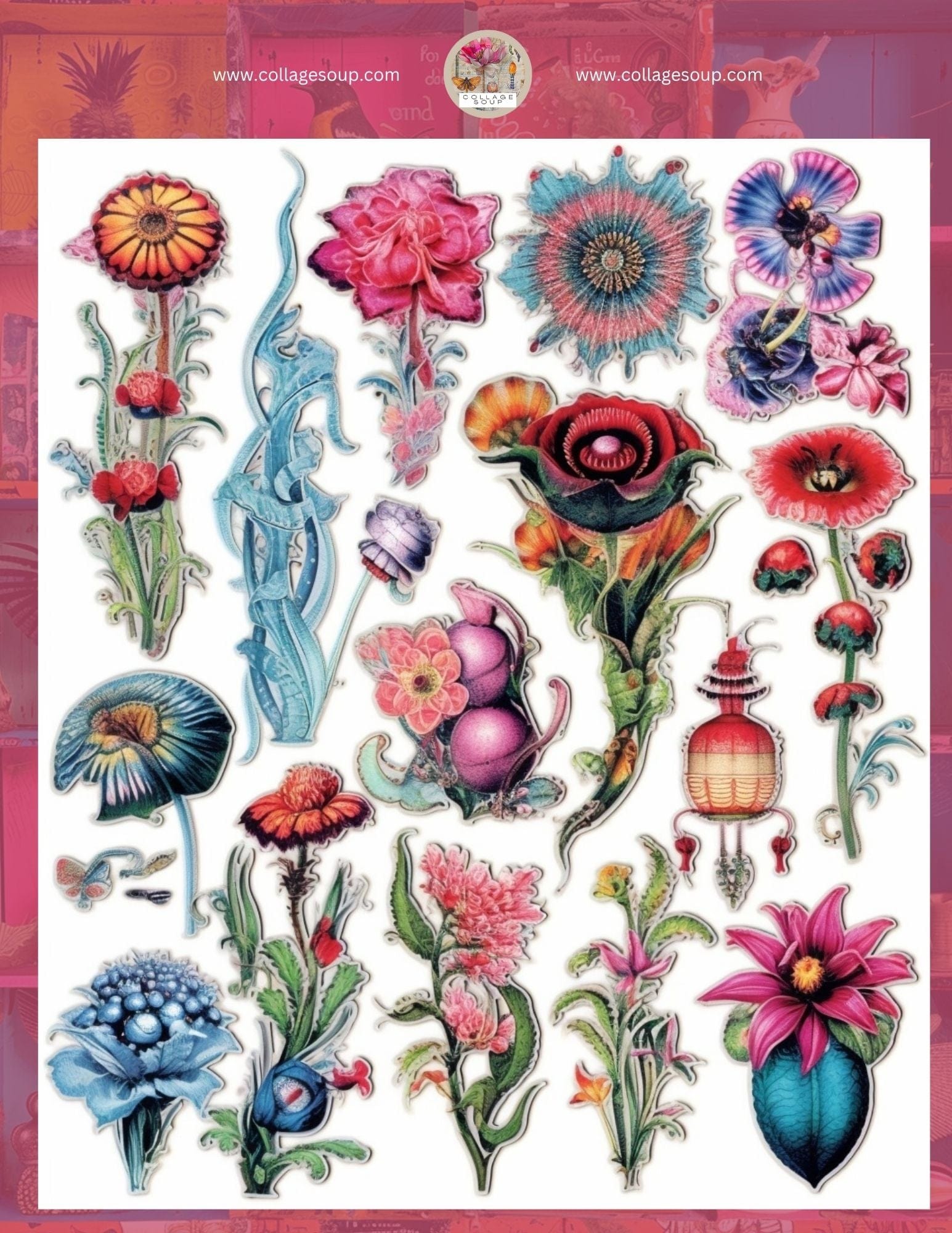 Collage Soup Bloom & Glow (eBook) A Free Printable Floral Sampler – 4 Pages