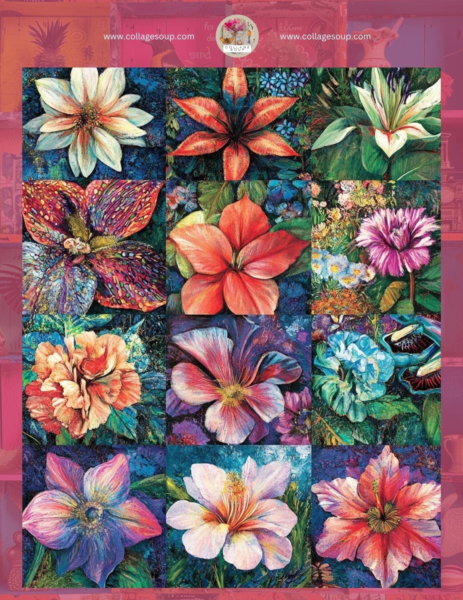 Collage Soup Bloom & Glow (eBook) A Free Printable Floral Sampler – 4 Pages
