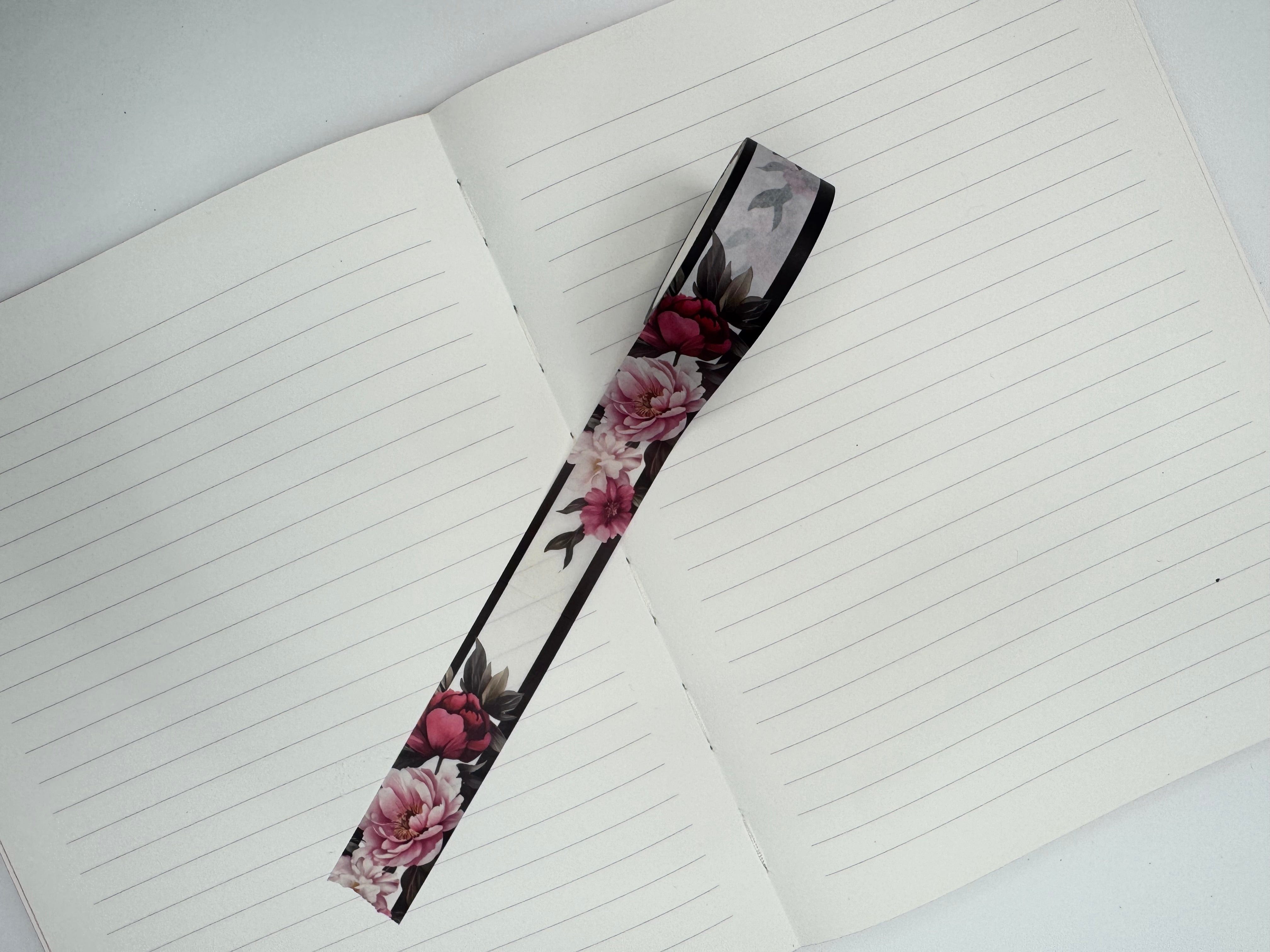 Collage Soup Peony Noir 18mm Washi Tape – Vibrant Pink Peonies with Bold Black Contrast