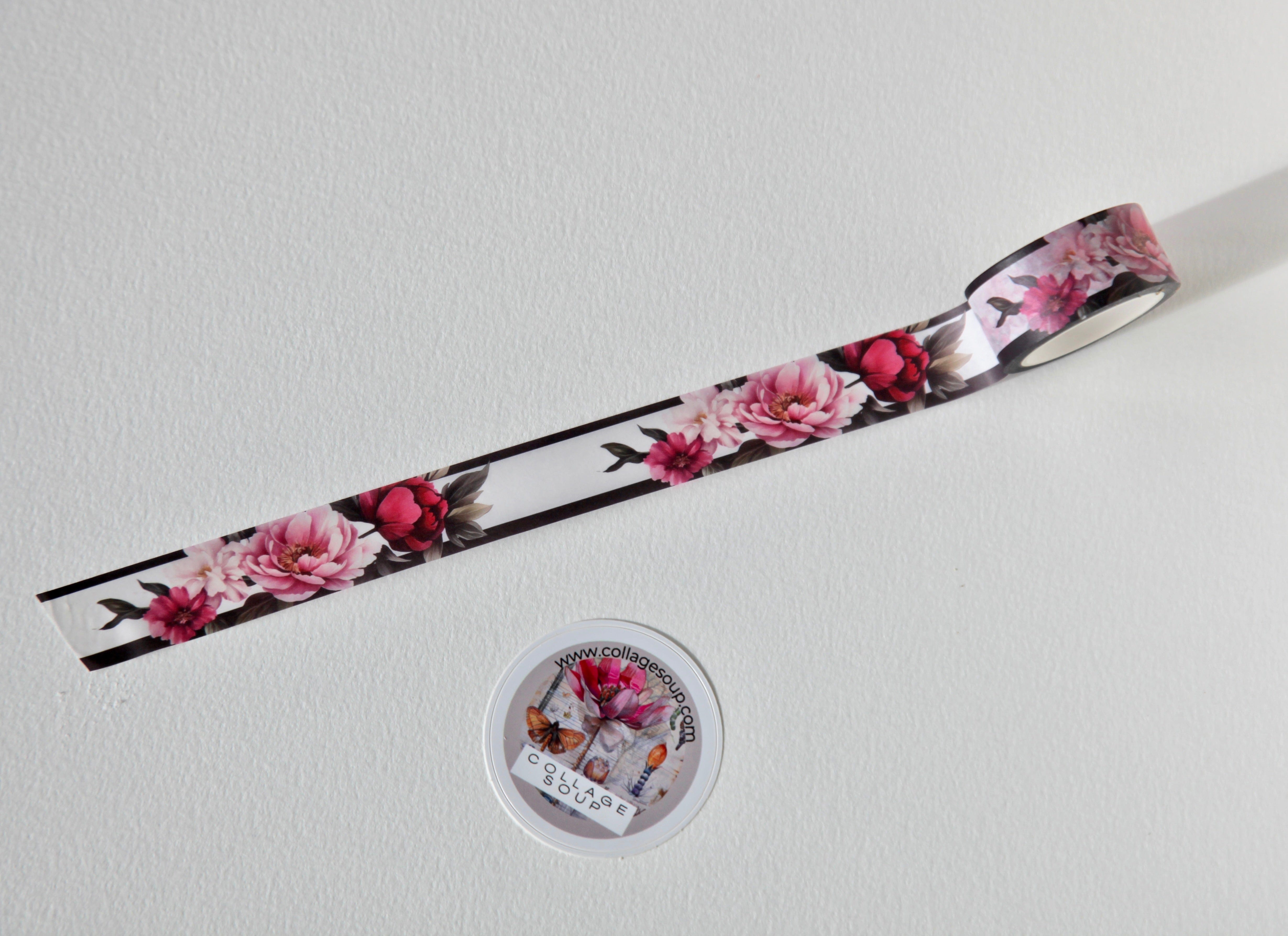 Collage Soup Peony Noir 18mm Washi Tape – Vibrant Pink Peonies with Bold Black Contrast