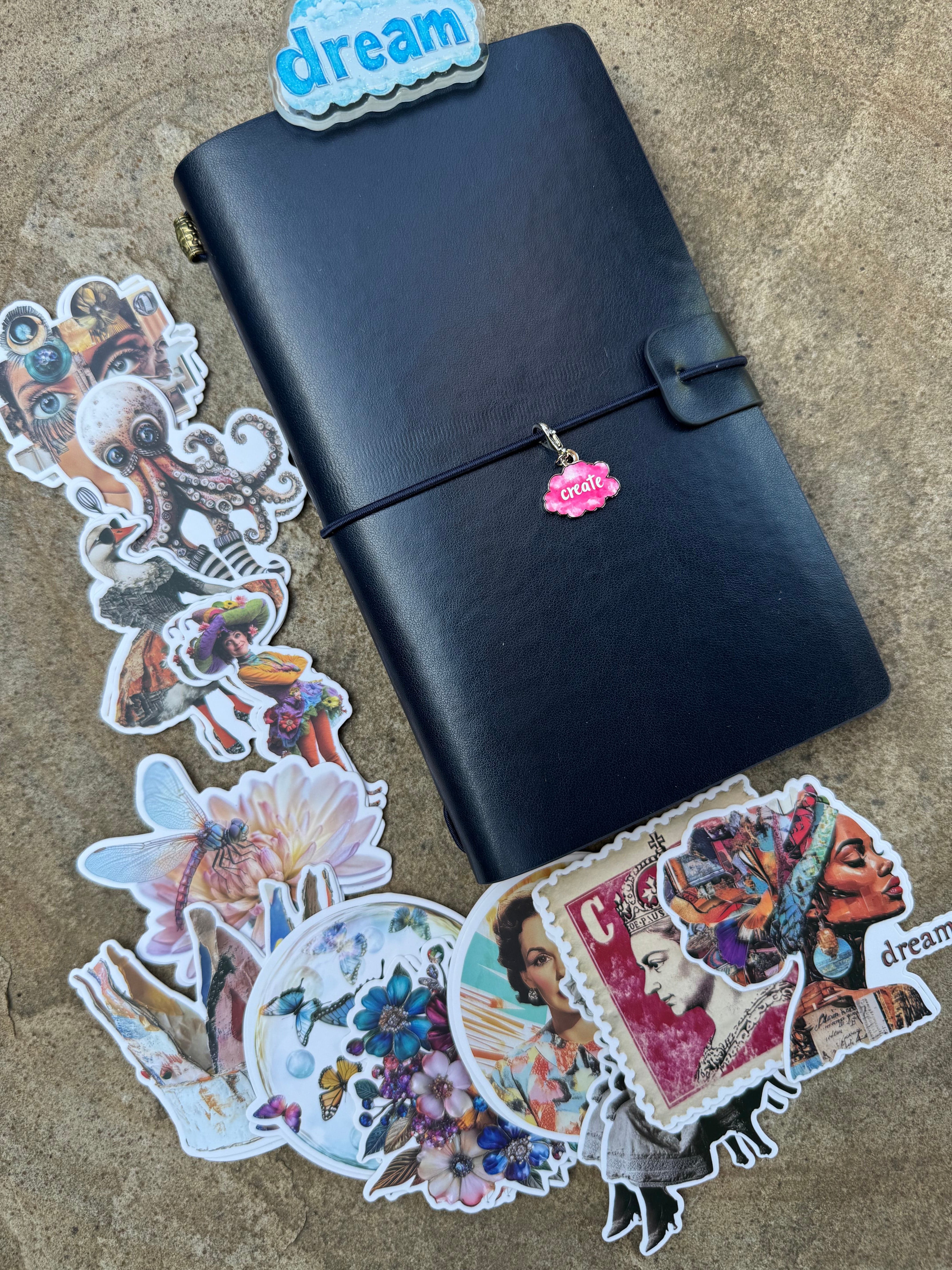 Collage Soup Traveler’s Journal Bundle – Notebook + Charm, Clip & Chonky Bites
