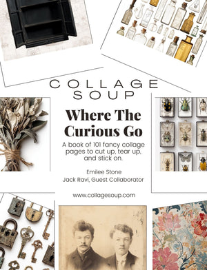 Collage Soup Where the Curious Go: A soulful collection of antique photos, figurines, and layered mystery – 90 Pages