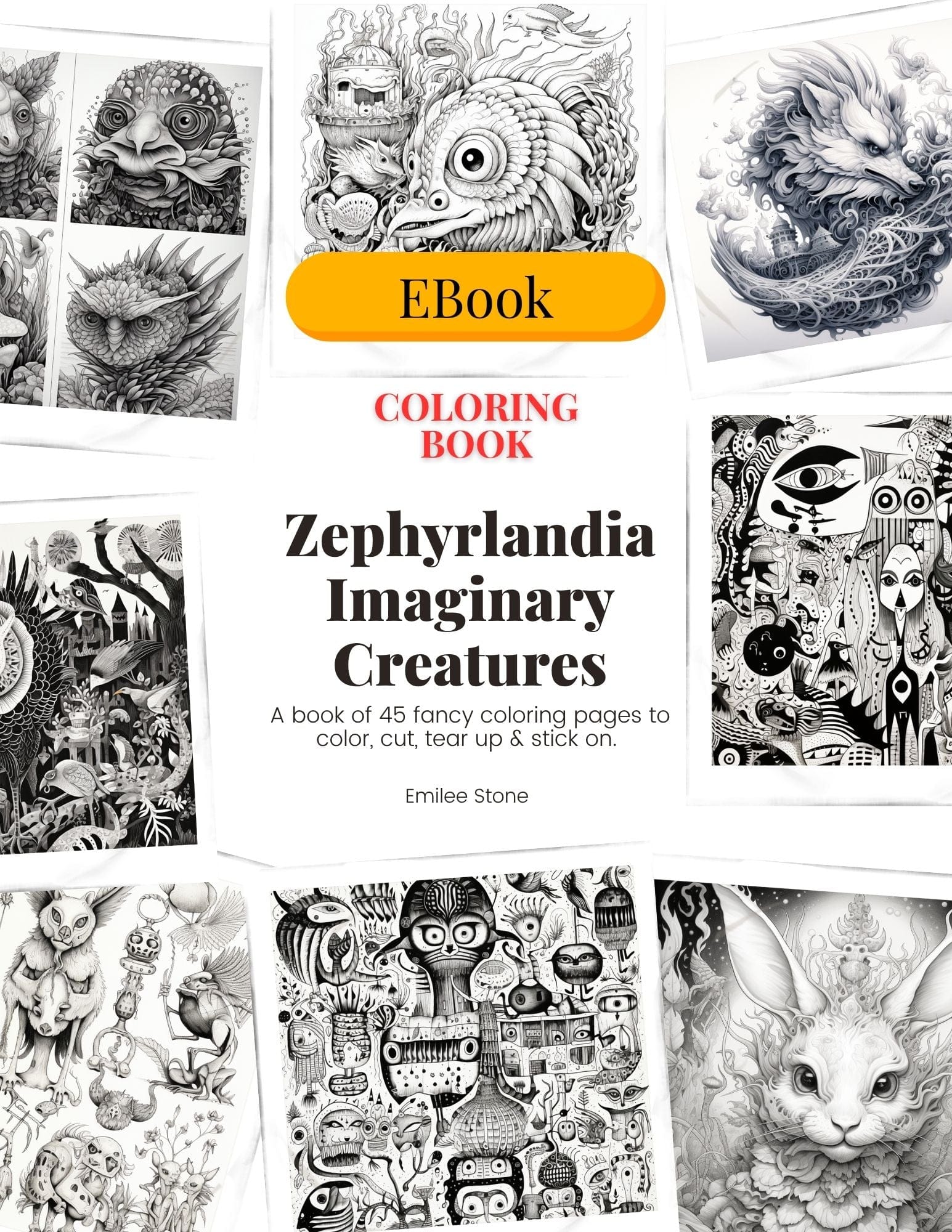 Collage Soup Zephyrlandia: Printable (eBook) Fantasy Creatures for Coloring, Collage & Art Journals – 45 Pages