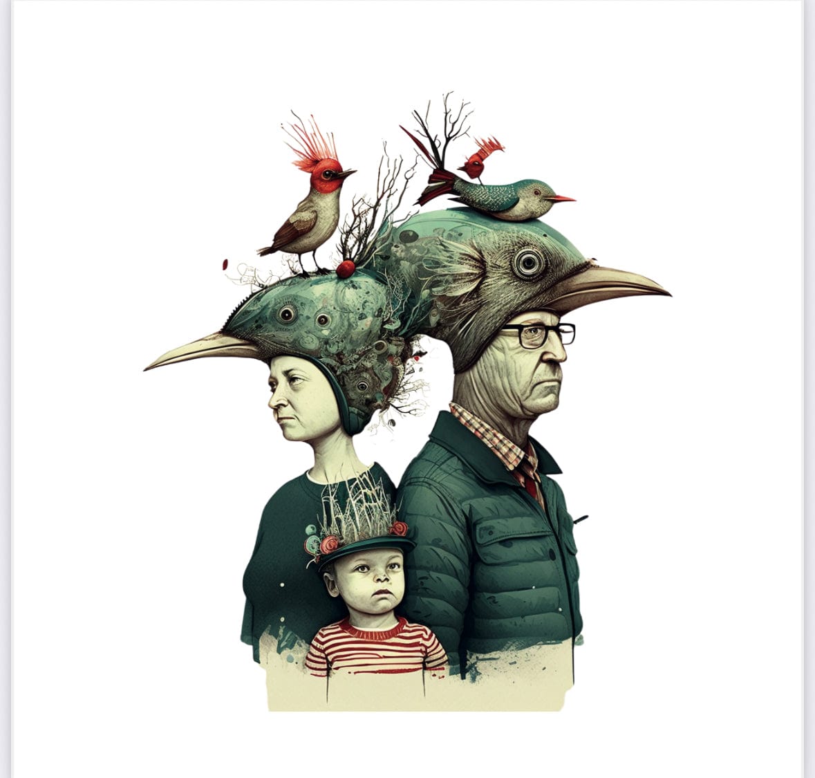 Collage Soup Bird Hat Trio – Sticker | 3–4” Glossy Vinyl Die-Cut of Whimsical Family in Bird Hats