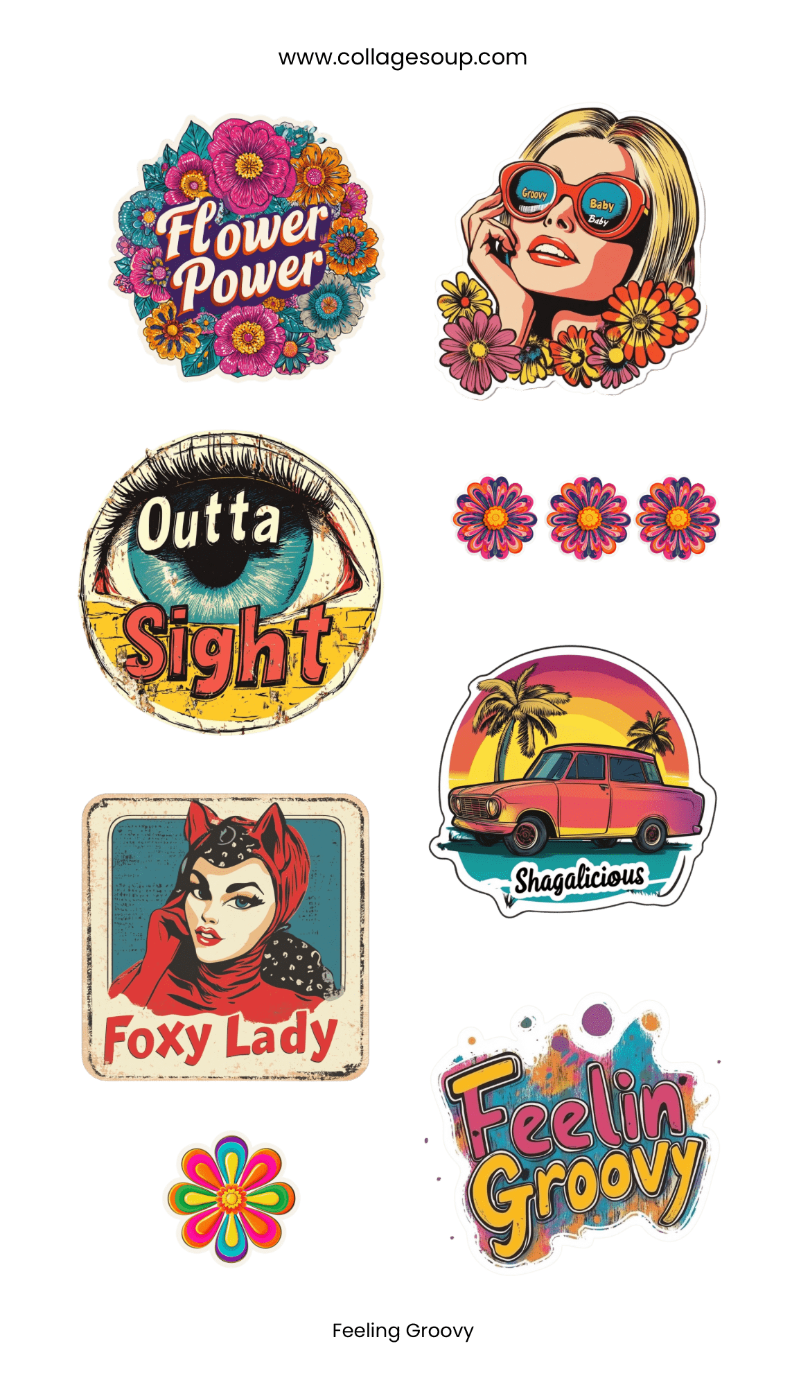 Collage Soup Feelin’ Groovy – Sticker Sheet | 1960s Retro Stickers for Journals, Scrapbooks & Happy Mail