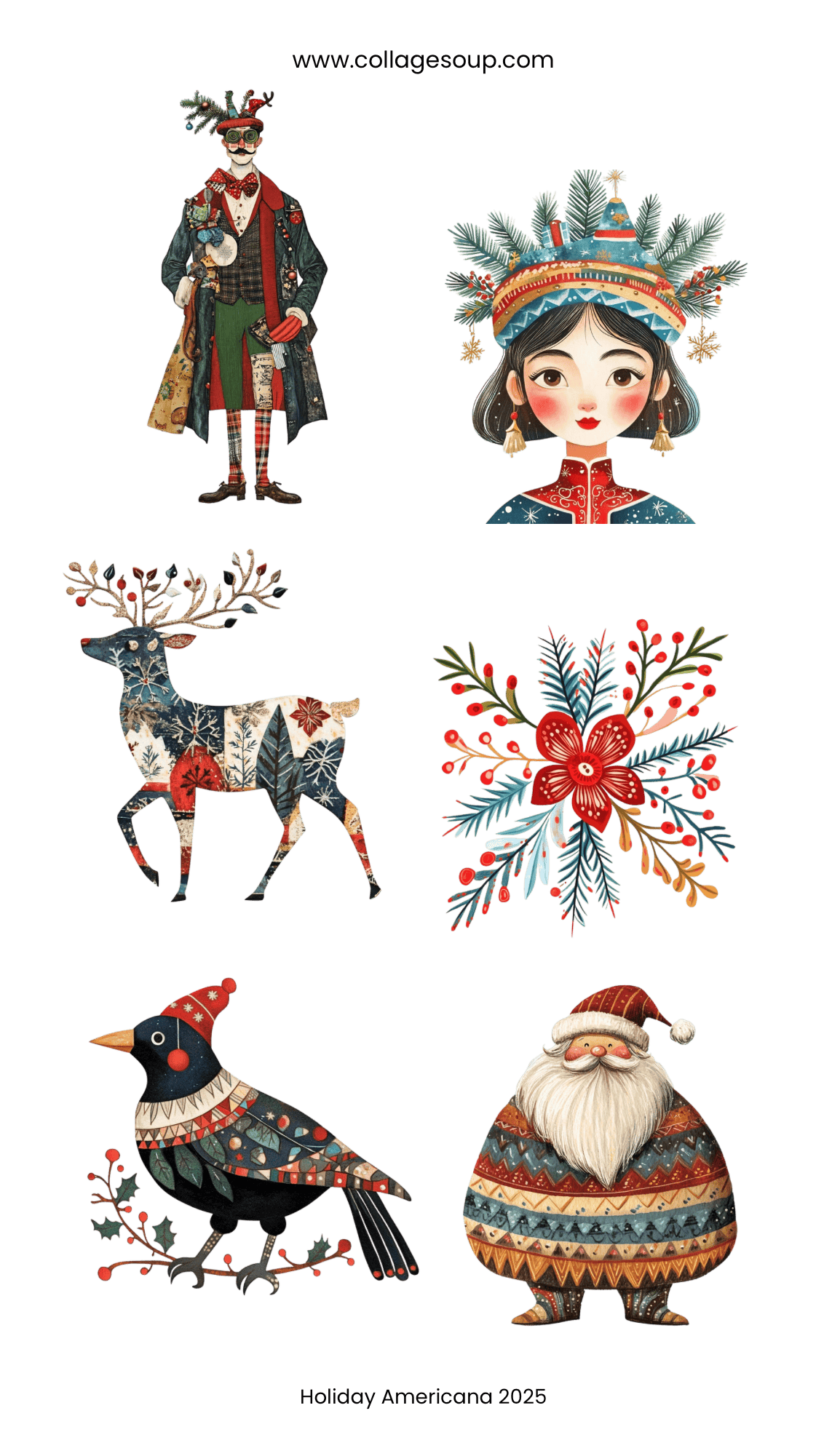Collage Soup Holiday Americana 2025 Sticker Sheet – Folk Art Christmas Stickers