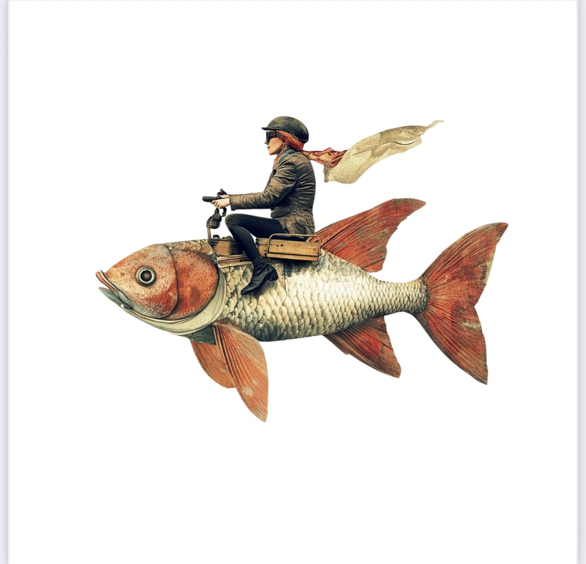 Collage Soup Steampunk Fish Rider – Sticker | 3–4” Glossy Vinyl Die-Cut of Gentleman Riding a Golden Fish