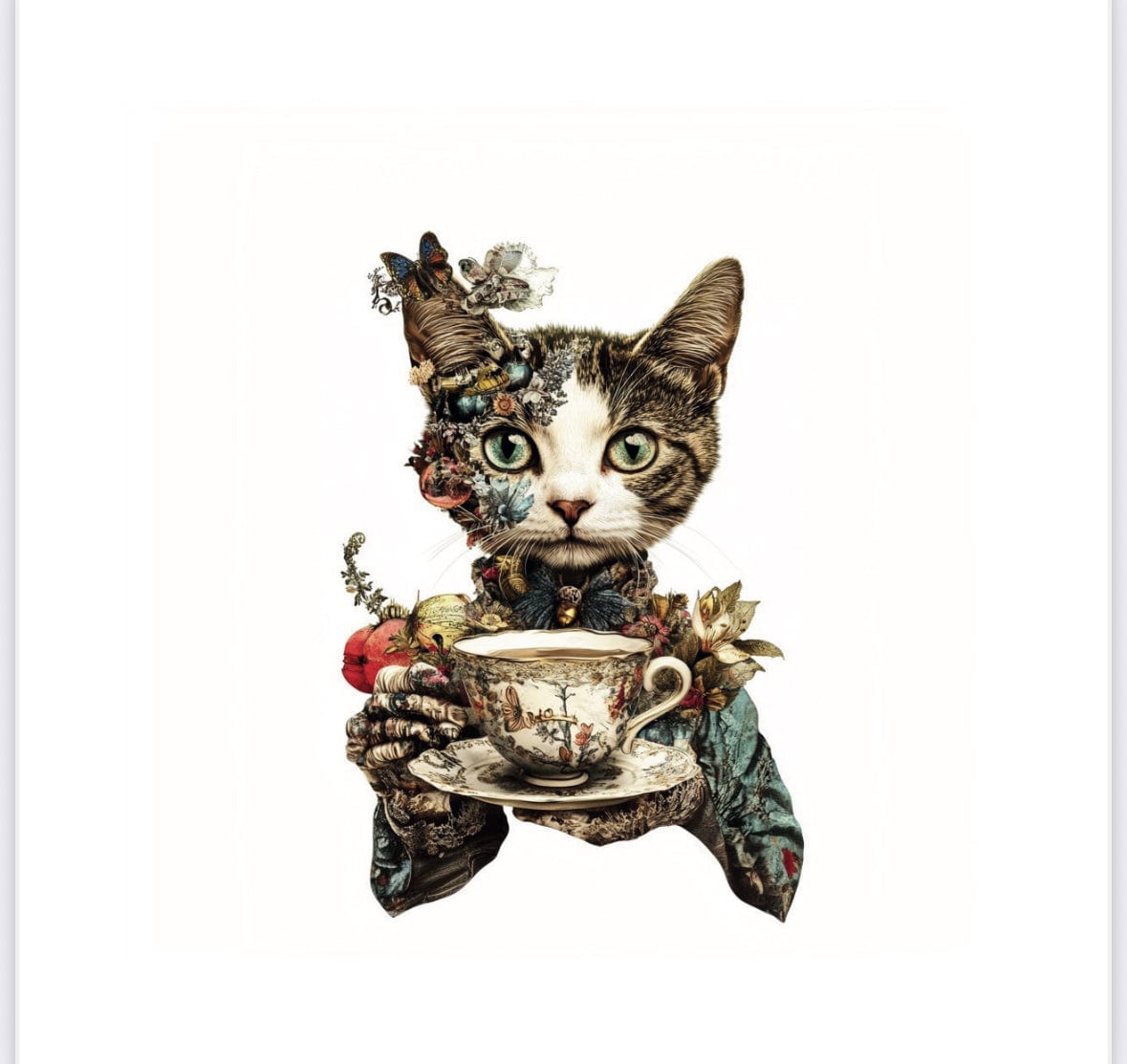 Collage Soup Tea-Time Tabby – Sticker | 3–4” Glossy Vinyl Die-Cut of Cat Drinking Tea