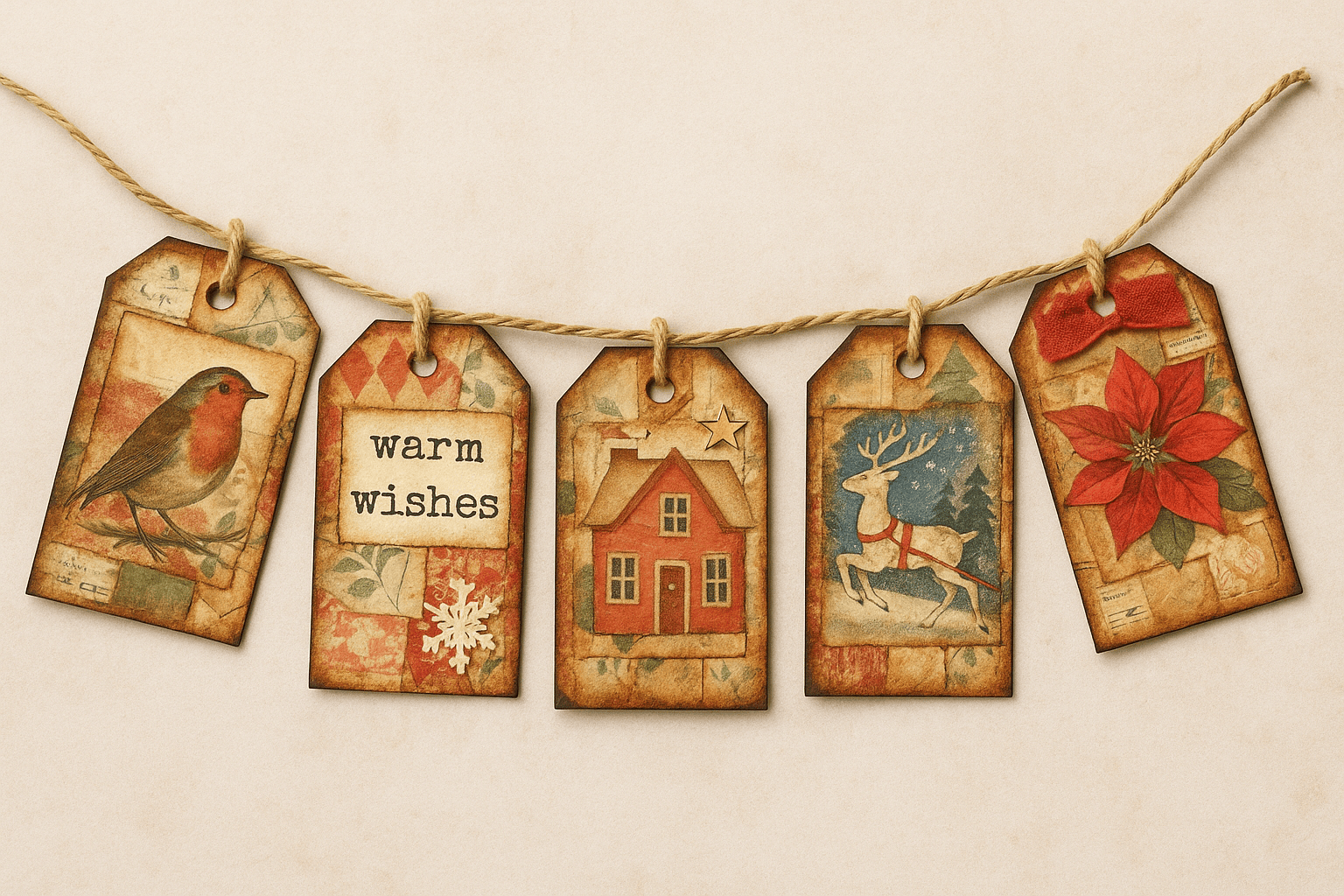 Collage Soup Warm Wishes Tag Garland | Free Project | printable holiday tags, cozy festive collage craft